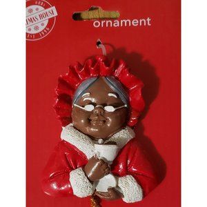 African American Mrs. Santa Claus Drinking Cocoa 3 inches Ornament